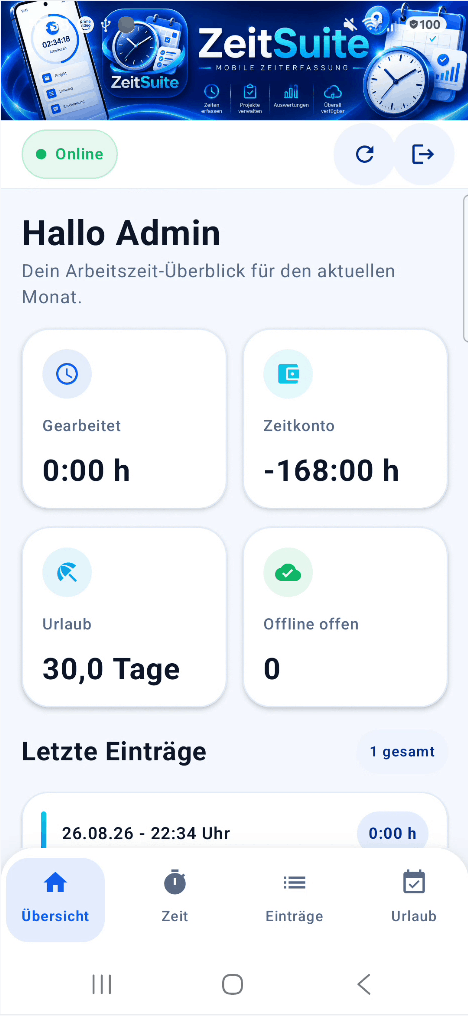 Vollständige Übersicht der ZeitSuite Android-App mit Arbeitszeit, Zeitkonto, Urlaub und Offline-Status