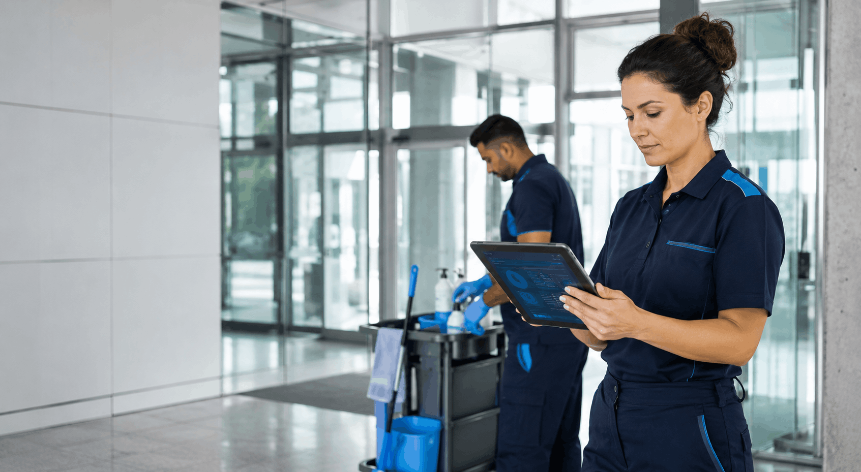 Professionelles Reinigungsteam mit Tablet
