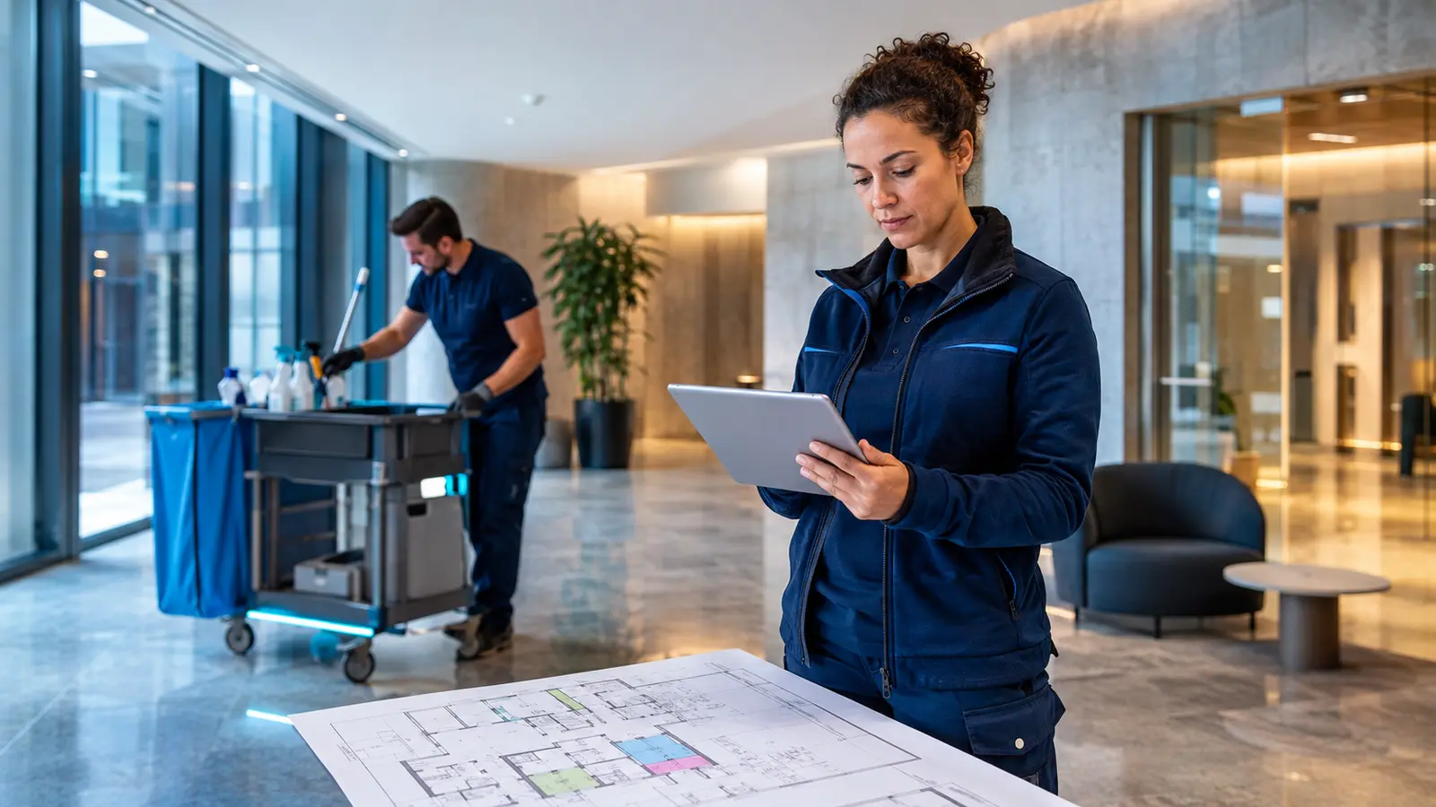 Professionelle Objektleitung plant Reinigungseinsatz mit Tablet
